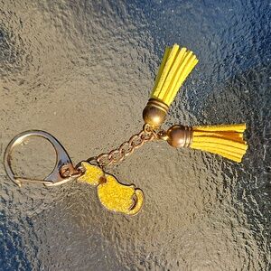 Gold Cat W/ Gemstone & Yellow Leather Tassels Purse Accessory